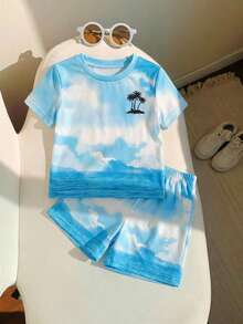 男婴休闲椰树印花短袖T恤短裤套装，适合夏季穿着 - 白色 - 查看 4