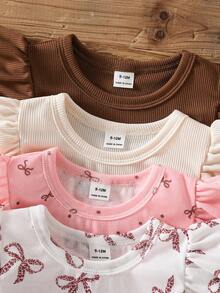 SHEIN 8件套女婴春夏新款休闲日常外出可爱趣味格子向日葵短袖背心T恤上衣和短裤套装 - 卡其色 - 查看 4