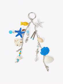 Viva Strut 1 pieza Llavero con cuentas estilo brisa marina, colgante con imitación de estrella de mar y conchas con flecos, colgante para bolso de vacaciones. - Azul - Ver 2