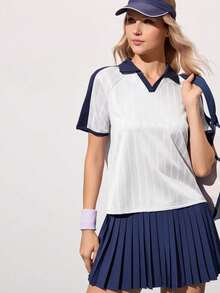 CourtClass 女士撞色短袖网球衫 - 白色 - 查看 6