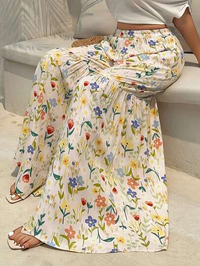 Dazy Plus Women's Lightweight Ditsy Floral Loose Wide Leg Pajama Pants, Elegant Plus Size Home Wear For Spring & Summer
