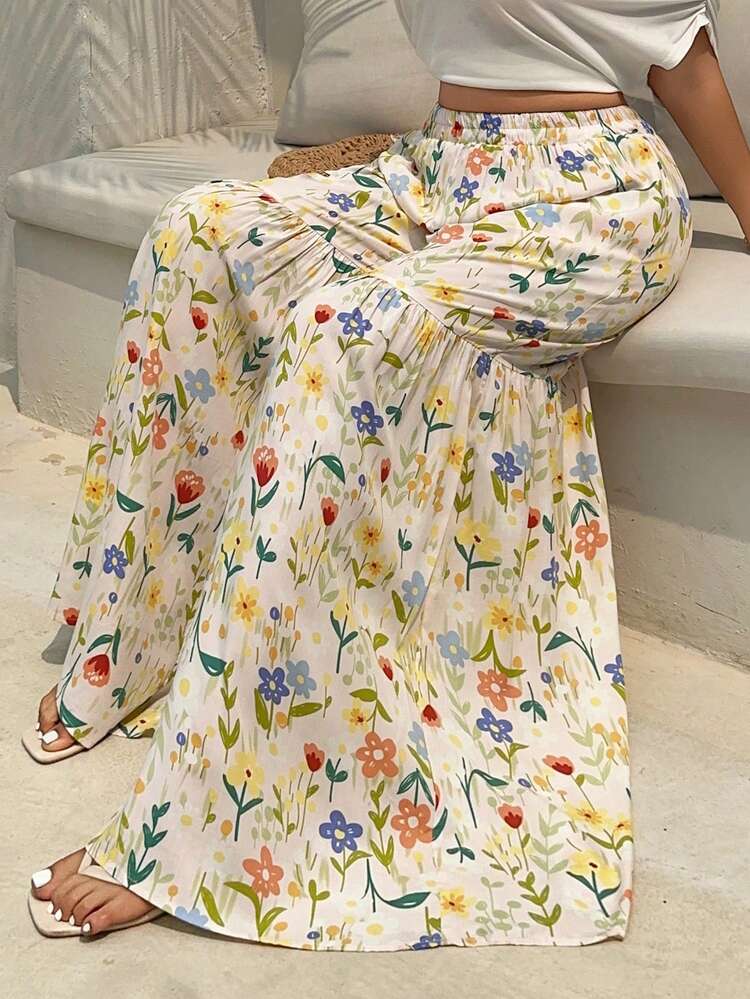 Dazy Plus Women's Lightweight Ditsy Floral Loose Wide Leg Pajama Pants, Elegant Plus Size Home Wear For Spring & Summer