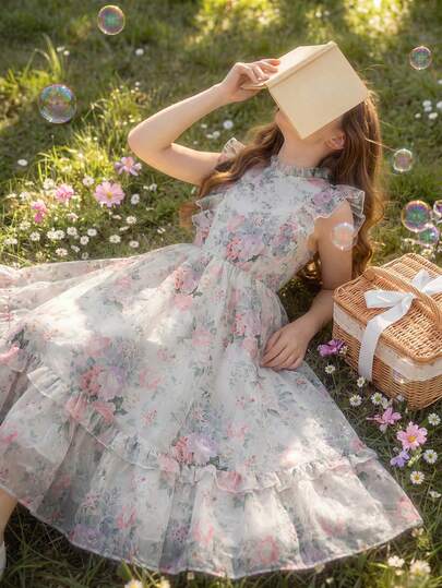 SHEIN Đầm thời trang cổ điển dành cho bé gái, chất liệu vải dệt hoa thanh lịch, không tay với gấu váy xếp ly hai lớp, dáng rộng rãi và thoải mái, thích hợp cho việc đi làm hàng ngày, vui chơi ngoài trời, dã ngoại, tụ họp, chụp ảnh, đám cưới, kỳ nghỉ, v.v.