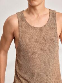 Driftmere 男士針織休閒鏤空純色素面網眼無袖背心，適合夏季、度假、健身房 - 卡其色 - 查看 3