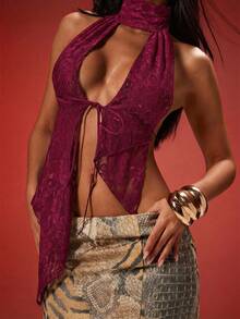 Denimoi Top halter asimétrico con espalda descubierta de encaje, tops sexy para salir de noche, atuendos de club y conciertos - Burdeos - Ver 2