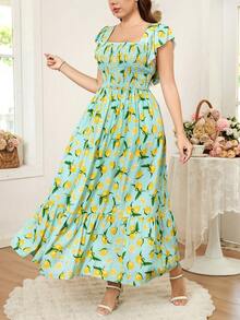 SHEIN Clasi Plus Size Women Lemon Print Ruched Date Beach Vacation Dress, Light Blue, Summer, Boho, Picnic, Holiday New Arrival Fashionable Vintage Zanea Dress - Multicolor - View 5
