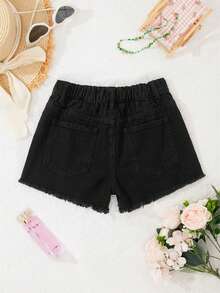 少女Y2K春夏休闲水洗破洞低腰毛边牛仔短裤，适合夏季海滩波西米亚风度假、夏季音乐会、音乐节、休闲派对、女生夏季早午餐、毕业典礼等场合。 - 黑色 - 查看 2