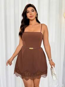 Easura Plus Size Women's Spaghetti Strap Cropped Contrast Lace Dress, Brown, Elegant & Fashionable For Dates And Outings, Versatile - Coffee Brown - View 6