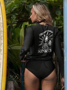 SHEIN Swim SPRTY Conjunto de surf para mujer con estampado de palmeras - Negro - Ver 1