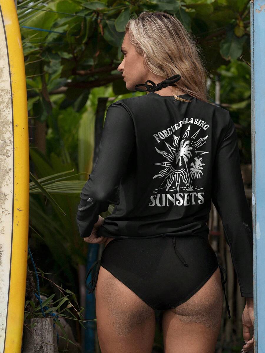 SHEIN Swim SPRTY Conjunto de surf para mujer con estampado de palmeras - Negro - Ver 1