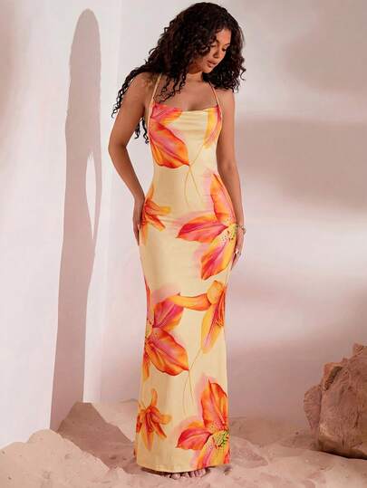 Opulessa Vestido floral con escote pronunciado y espalda descubierta para vacaciones