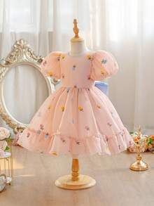Glamorique Kids Vestido Floral Bordado Colorido para Meninas, Manga Curta com Pétalas, Vestido de Princesa Elegante, Roupa de Festa Infantil Adequada para Férias, Casamento, Festa, Decorado com Laço nas Costas - Rosa chiclete - Visão 3