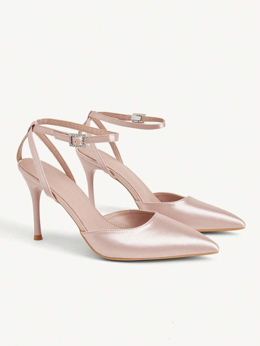 CUCCOO CHICEST Giày nữ mới, kiểu Pháp, gợi cảm, mũi kín, cao gót thời trang, gót thấp, gót nhọn, kiểu dây chéo, chất liệu satin, thích hợp cho tiệc tùng, đám cưới. - Màu nude - Xem 1