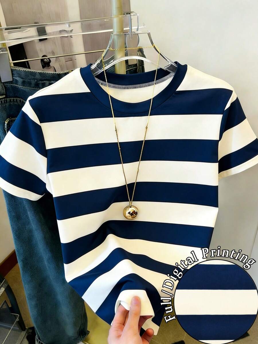 Resyla 女士圆领条纹休闲百搭日常短袖T恤 - 彩色 - 查看 1