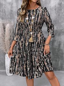 Rusticease Plus Size Round Neck Full-Print Ruched Casual Midi Dress, Long Sleeve,Winter Clothes For Women - Multicolor - View 6