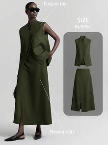 Ontre 2026春夏新款都市风抗皱深灰色西装套装，包括西装外套、马甲和裙子，适合办公室、商务休闲、派对等场合。 - 綠色 - 查看 3