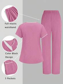 TaskEZ 2 piezas Conjunto de uniforme con top de cuello en V de manga corta y pantalones, uniforme de servicio de limpieza - Rosa - Ver 2