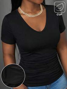 Slaydiva Plus Size Women's Casual Basic Deep V-Neck Short Sleeve Black T-Shirt With Chest Pads, Suitable For Music Festivals - White - View 1