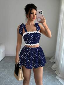 Selianne Summer Cute Vacation Holiday Navy Blue Polka Dot 2 Piece Set For Women,French Elegant Bow Tie Crop Top & Elastic Waist Loose Skort Outfits,Petite Set - Navy Blue - View 7