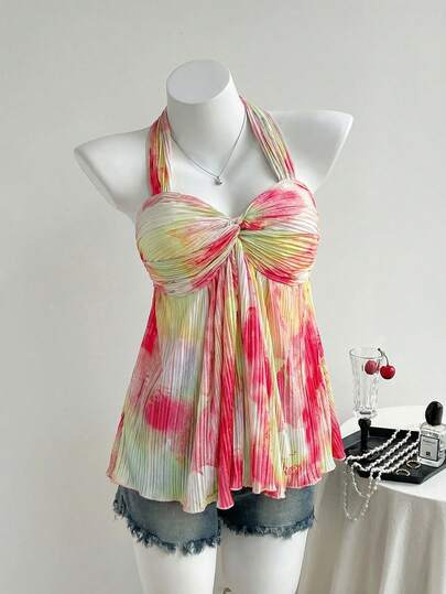 Comfortcana 大码扎染褶皱花卉系带荷叶边下摆吊带背心，浪漫春夏款