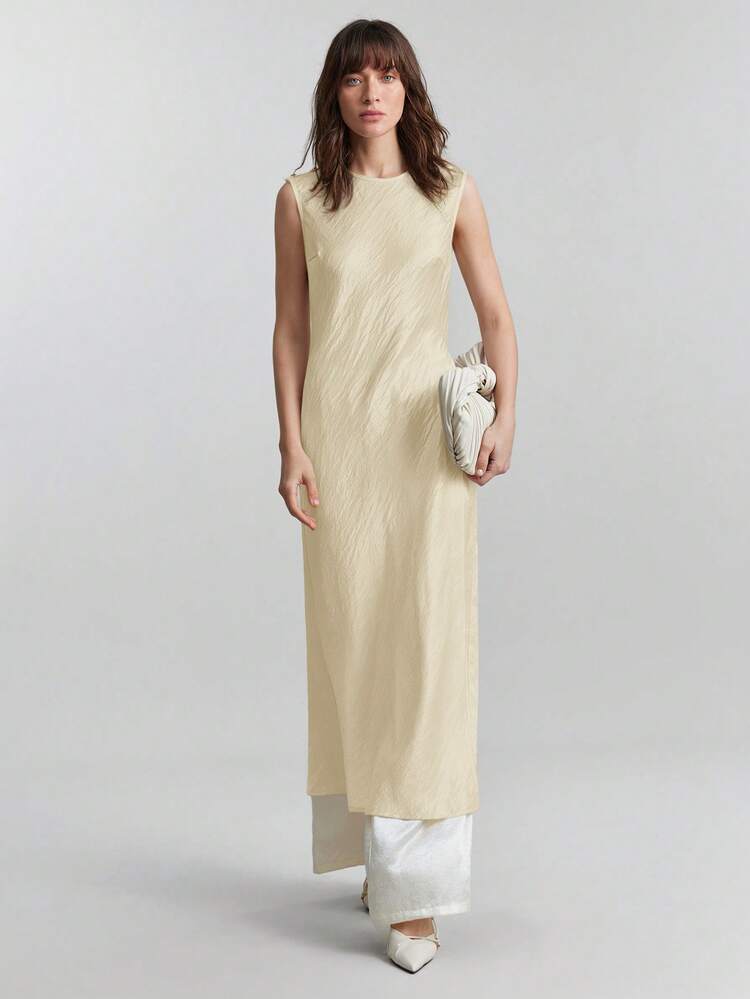 Women's Wrinkle-Effect Satin Poplin Fabric Small Collar Off-Shoulder Round Neck Shoulder Seam Open Design Side High Slit Sleeveless Long Top, Urban Commute Business Casual Elegant Top, Suitable For Holiday, Wedding Guest, Party, Summer,Summer Top
