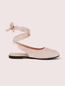 CUCCOO DOLLMOD 春夏蝴蝶结绑带圆头平底舒适优雅缎面浅粉色凉鞋日常约会 - 粉色 - 查看 2