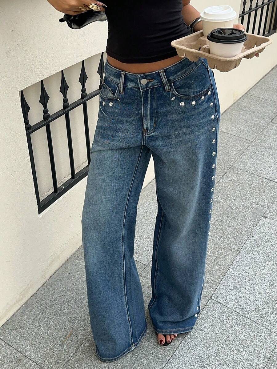 SHEIN Teen Girls' Dark Blue Denim Loose Wide Leg Pants With Shiny Studs Casual Vacation Back To School Y2k Cute Cowgirl Pair With A White Shirt - Blue - View 1
