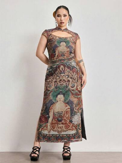 ROMWE Avant Falda de malla con abertura lateral y estampado de estatua budista china de estilo vintage para mujeres de talla grande