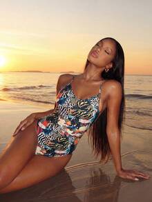 Vaytide 女士隨機拼接印花露背一件式泳裝，夏季沙灘 - 彩色 - 查看 10