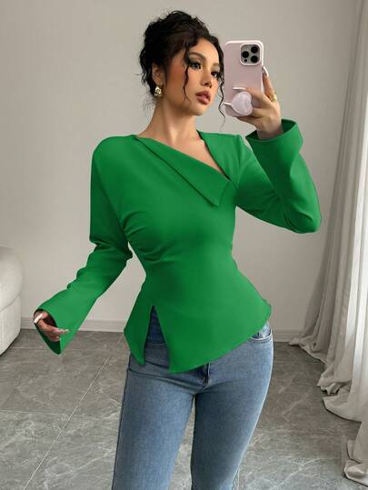 Elenzga Áo kiểu nữ thanh lịch, thời trang, thoải mái, phù hợp đi làm, kiểu dáng bất đối xứng, cổ chữ V xéo, eo thon, xẻ tà sau, buộc dây, màu trơn.