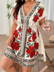 Weeklong Plus Size Elegant Floral Print V-Neck Batwing Sleeve Bohemian Maxi Dress, Summer - Multicolor - View 1
