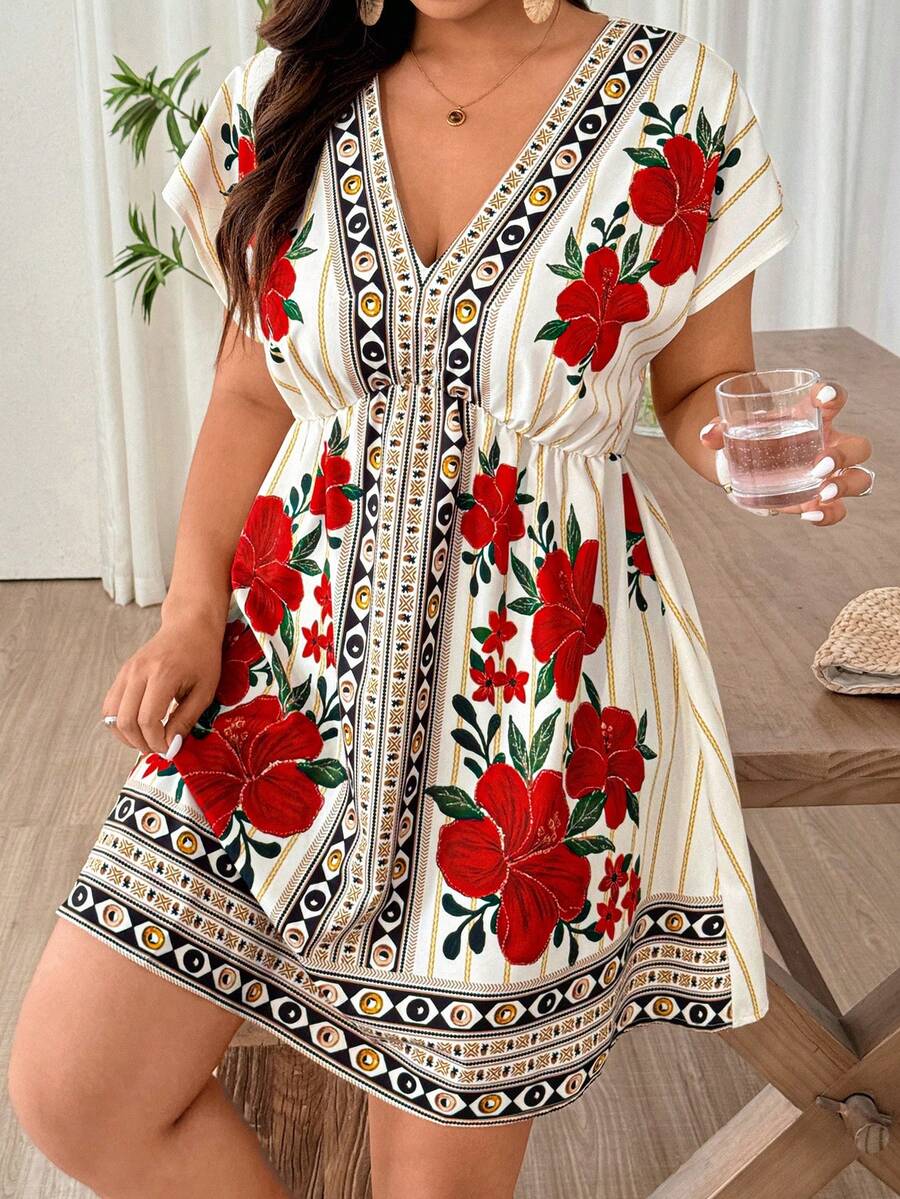 Weeklong Plus Size Elegant Floral Print V-Neck Batwing Sleeve Bohemian Maxi Dress, Summer - Multicolor - View 1