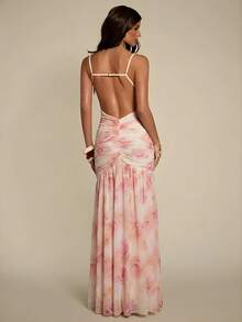 SHEIN BAE Women's Floral Print Ruched Waist Elegant Party Slip Dress - Pink - View 6