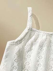 SHEIN 女童（小号）吊带背心套装，卡其色吊带背心搭配白色阔腿裤，休闲复古度假两件套 - 藍白色 - 查看 5