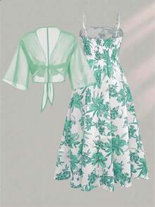 Franclia 大码女式印花雪纺喇叭袖外套和吊带裙两件套，优雅度假装，印花浪漫雪纺连衣裙配开衫 - 薄荷綠 - 查看 2