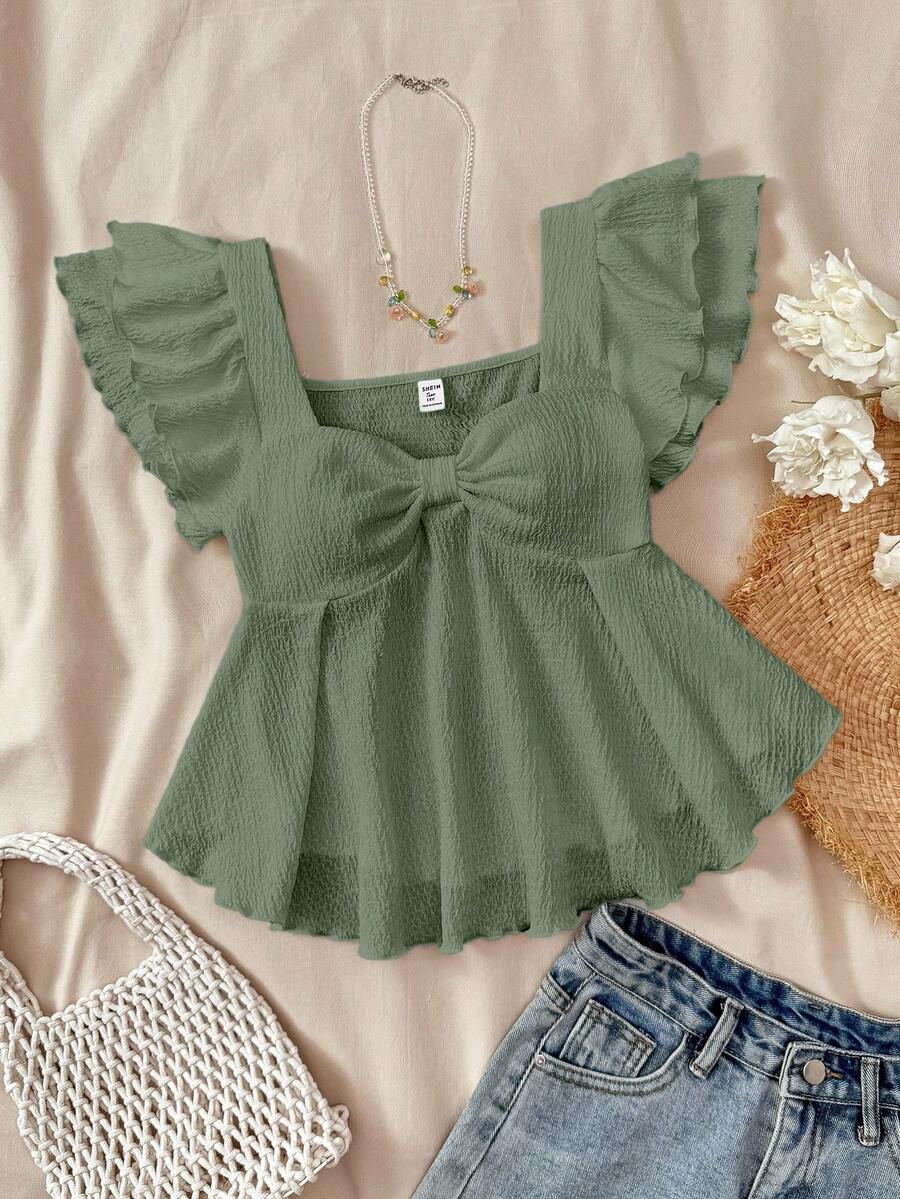 SHEIN Áo thun dệt kim jacquard tay bèo, kiểu dáng ngọt ngào, thoải mái, phù hợp cho nữ tuổi teen mùa hè, mặc nhà, dễ thương, thích hợp cho các bữa tiệc, ngày Valentine. - màu xanh lá - Xem 1