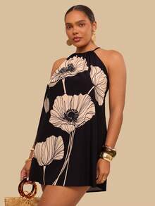 Travachic Plus Size Women Floral Print Casual Halter Neck Dress - Black - View 5