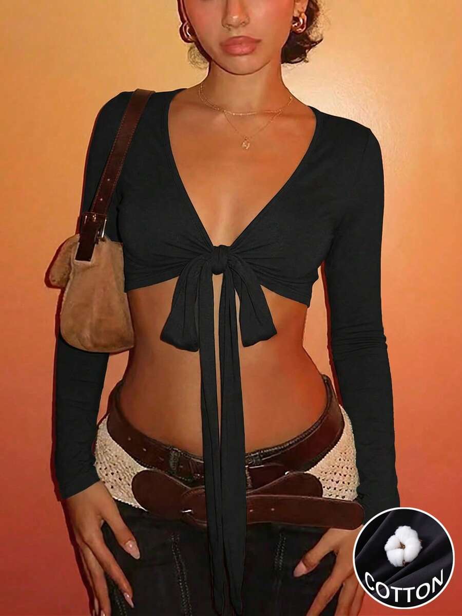 INAWLY 女士纯色扭结休闲百搭日常长袖T恤 - 黑色 - 查看 1