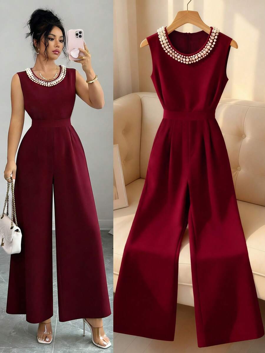 Elenzga Bộ jumpsuit không tay màu đỏ tía thanh lịch, mang phong cách Pháp cổ điển, thiết kế cao cấp, cổ tròn, đính hạt cườm, thắt eo và ống rộng giúp tôn dáng, kiểu dáng sang trọng và đẹp mắt, thích hợp mặc hàng ngày cho phụ nữ. - Màu Đỏ Sâu - Xem 1