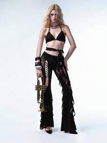 ROMWE 甜辣音乐节穿搭，荷叶边系带设计透视开衩修身喇叭裤 - 黑色 - 查看 9