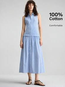 Ontre Đầm không tay in họa tiết sọc thời trang nữ - Xanh và trắng - Xem 3