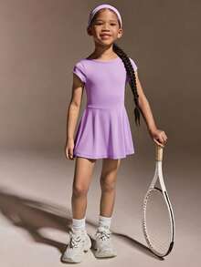 Đầm thể thao và dạo chơi cho bé gái, đầm tennis, đầm cầu lông, tay ngắn, chất liệu co giãn cao, mềm mại và thoải mái, áo liền quần tay ngắn màu tím co giãn dành cho bé gái, áo liền quần tập nhảy, tay lửng ôm sát, váy ngắn suông tự nhiên, quần short bên trong, áo liền quần thể thao. - Màu Lilac Tím - Xem 3
