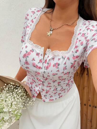 Sunnyshic Áo thun ngắn tay ren hoa dành cho nữ, kiểu dáng gợi cảm, thích hợp cho mùa xuân/hè.