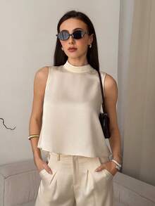 DAZY Women's Elegant Solid Color Mandarin Collar Top And Wide Leg Pants 2-Piece Set, Spring & Summer Lounge Sets For Women Short Sets For Women - Beige - View 6