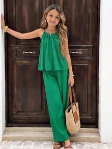 Sparklyn 女童无袖上衣和阔腿裤两件套，露背纽扣设计，梭织面料，修身上衣搭配宽松舒适的直筒裤，适合户外穿着。 - 綠色 - 查看 3