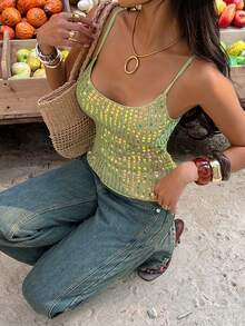 Aloruh Áo hai dây gợi cảm phối ren và sequin mới dành cho nữ, phong cách đường phố. - xanh quân đội - Xem 4