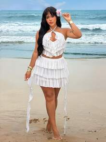 Rustia White Ruffle Sexy Outfit, Halter Backless Design, Vacation Essential, European And American Style Ruffle White Halter Backless Top + Mini Skirt 2-Piece Set For Women Summer - White - View 4