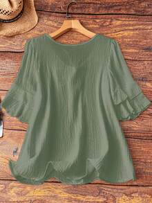 EMERY ROSE Plus Size Women's Green Casual Vacation Shirt Blouse, Cotton, Ruffle Sleeves, Bow Decor, Suitable For Daily Outing, Vacation Travel, Leisure & Home - Green - View 2