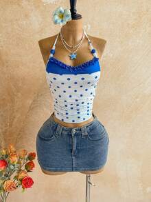 Soleia Tank Top Rajut Wanita Gaya Boho Motif Polkadot Warna-warni dengan Tali Bahu Tipis dan Detail Kerut. - MultiWarna - View 3