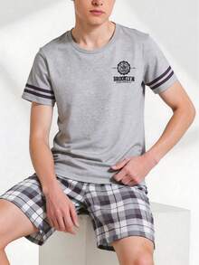 3 قطع/طقم بيجامة للمراهقين الأولاد تتكون من تي شيرت كم قصير مطبوع بحرف بسيط + شورت، باللون الأسود والأبيض والرمادي - رمادي - مشاهدة 1